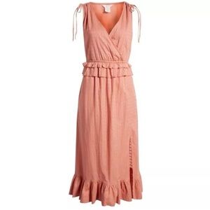NWOT Caslon Tie Strap Faux Wrap Ruffle Slit Dobby Dress Pink Desert XS